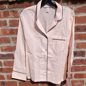 Pink Button-Up Pajama Top with Black Trim